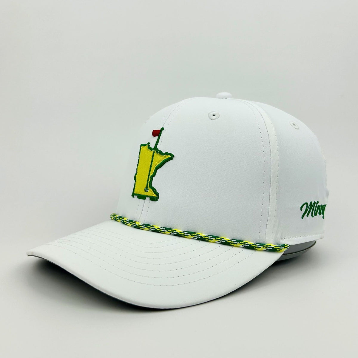 White cap with green and yellow accents on a light gray background