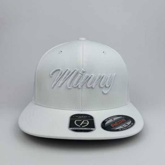 White cap with 'Minny' embroidery on a gray background