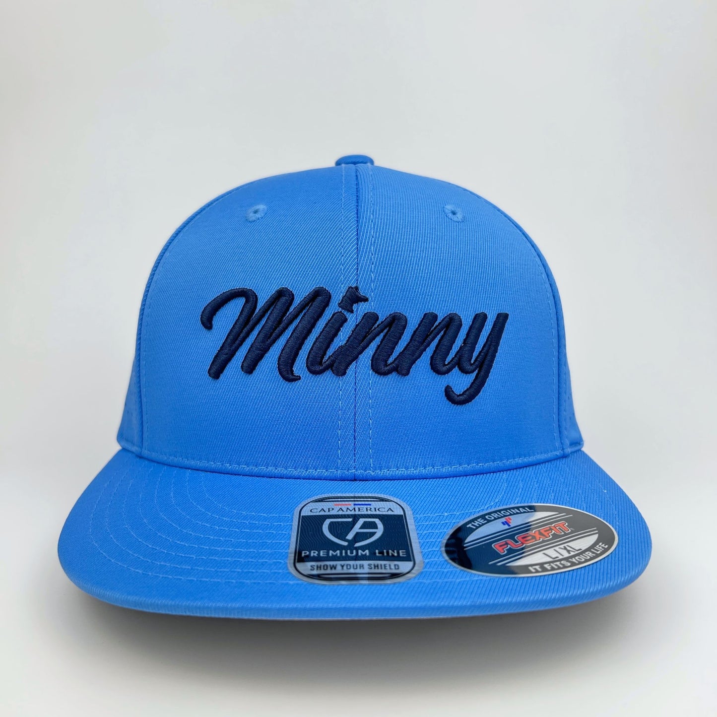 Blue cap with 'Minny' text on a white background