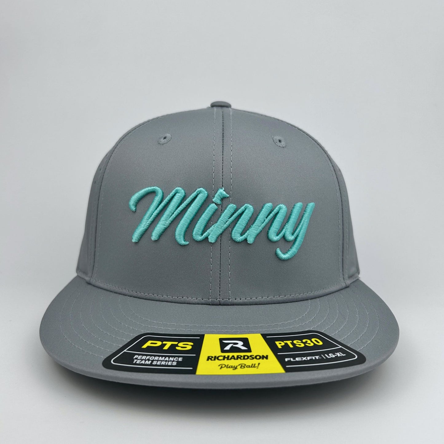 Gray cap with mint 'Minny' text on a white background