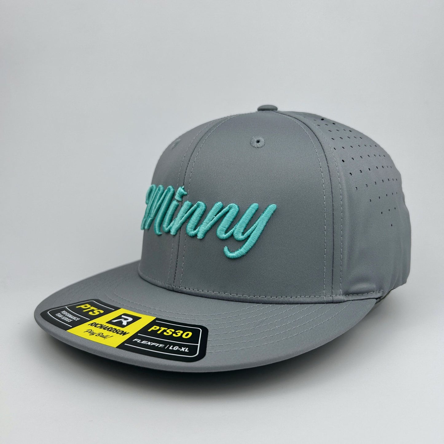 Gray baseball cap with 'Minny' text on a gray background