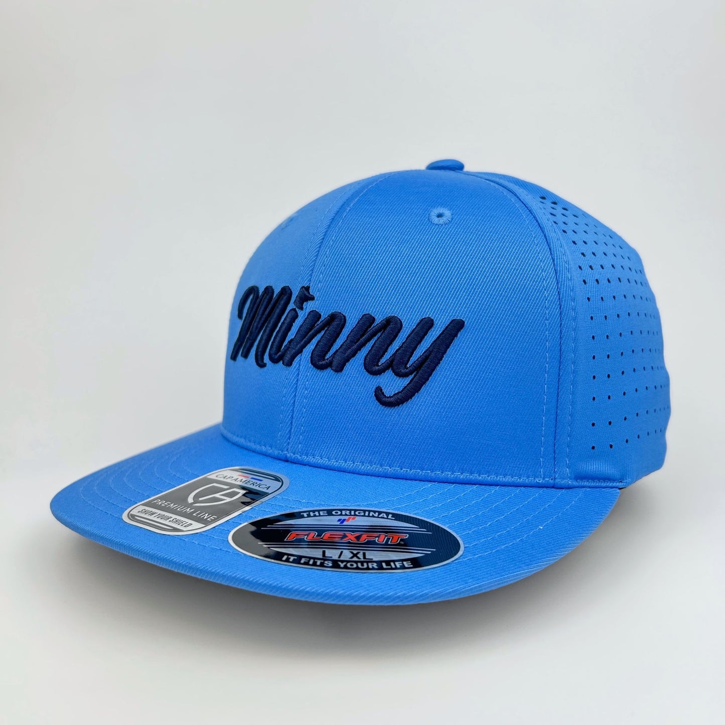 Blue cap with 'Minny' branding on a light gray background