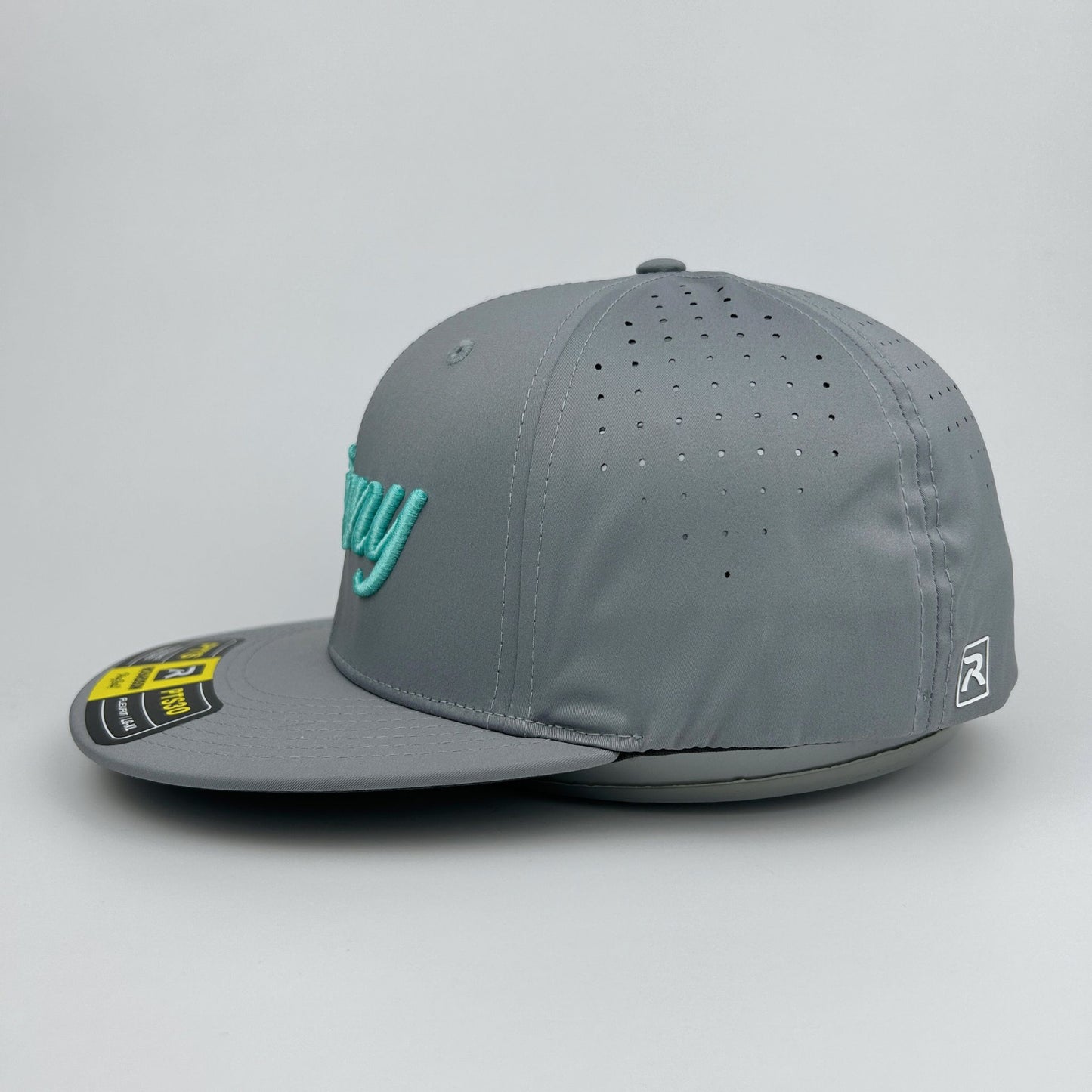 Gray cap with a brand logo on a light gray background