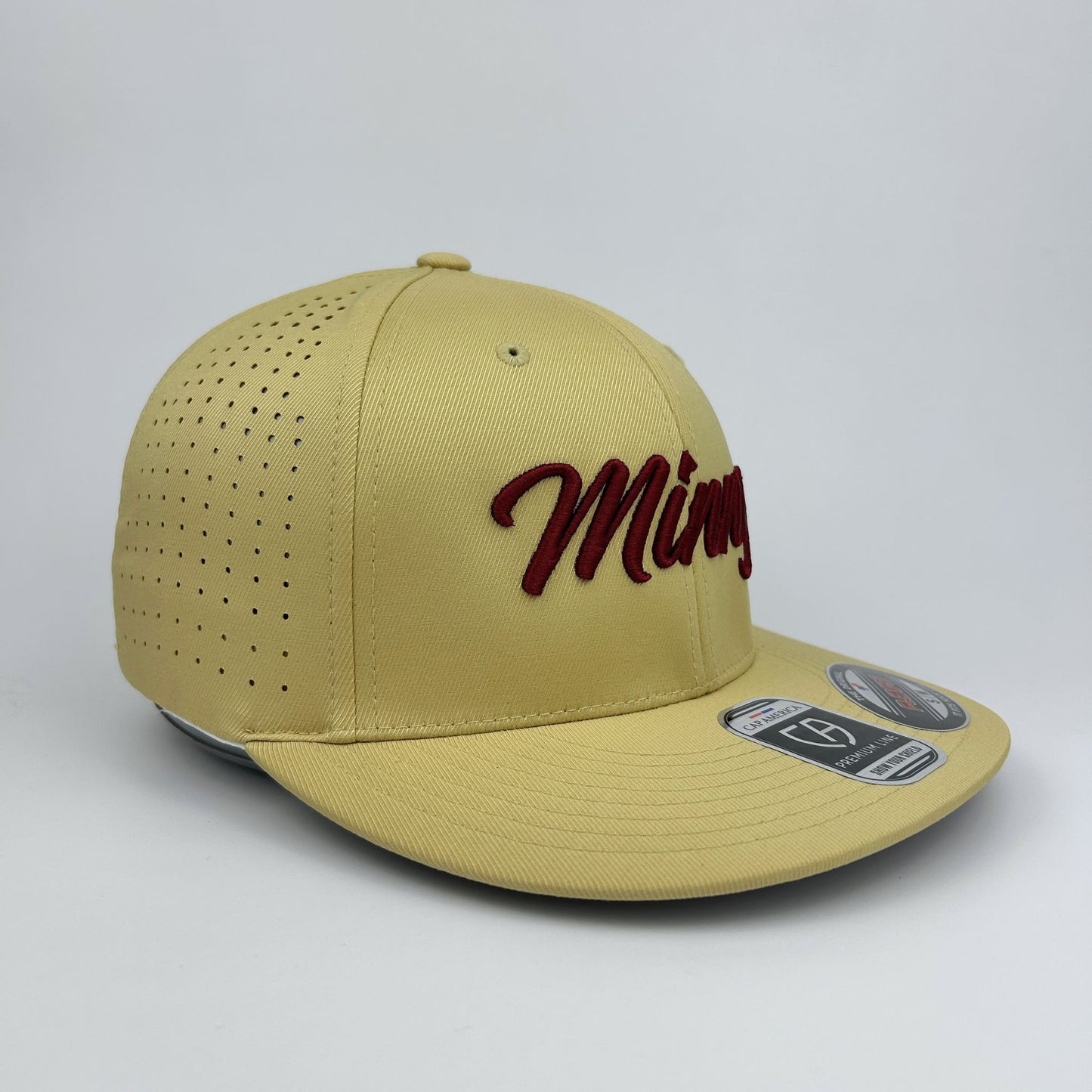 Beige cap with red text on a gray background