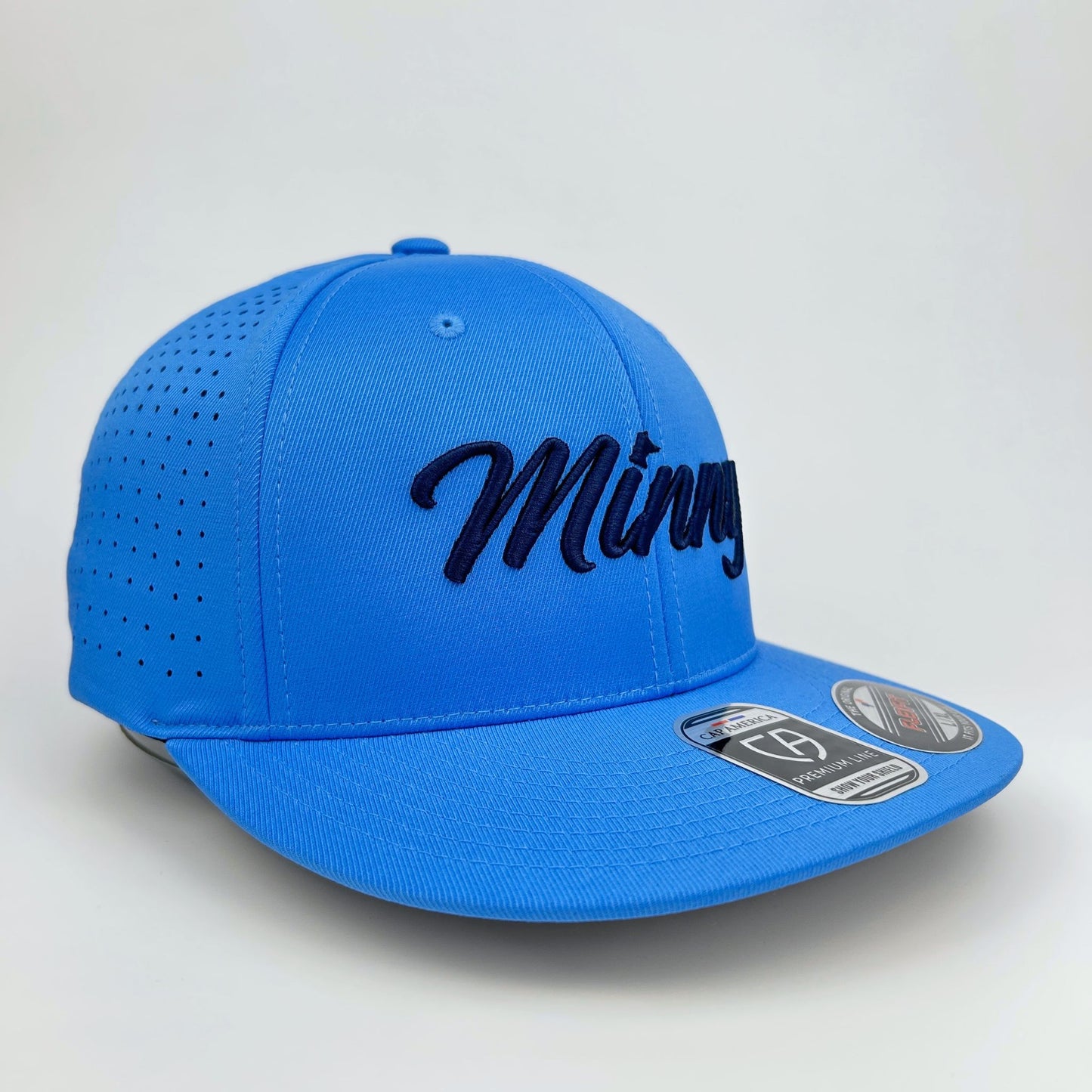 Blue cap with 'Minny' branding on a light gray background