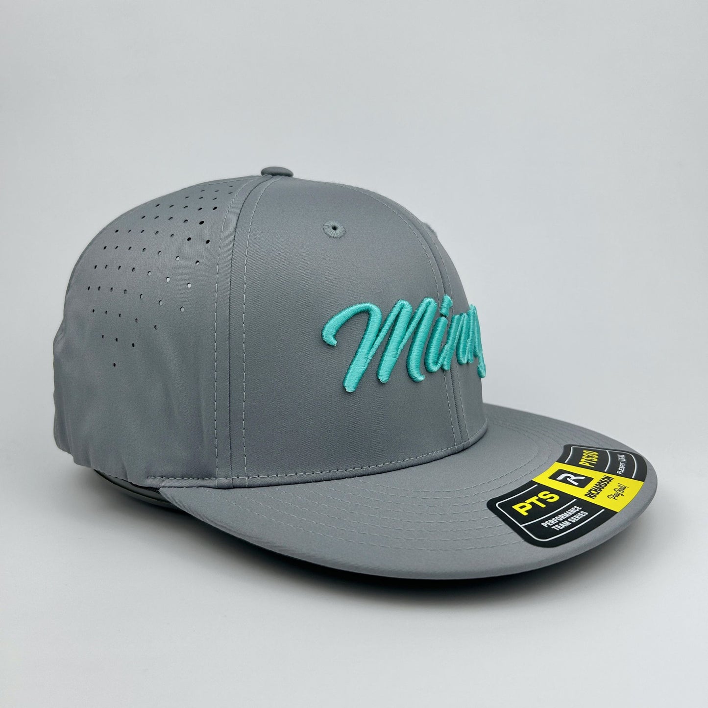 Gray baseball cap with mint text on a light gray background