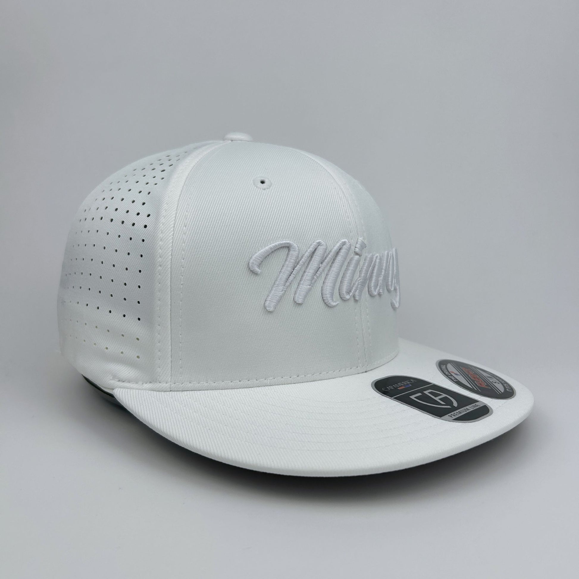 White baseball cap with 'Minny' branding on a gray background