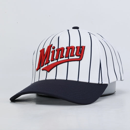 Pinstripe baseball hat with red "Minny" embroidery