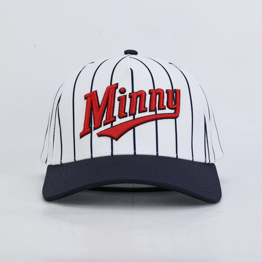 A baseball cap featuring a white crown with thin navy pinstripes, a dark navy curved brim, and a red embroidered 'Minny' logo on the front.
